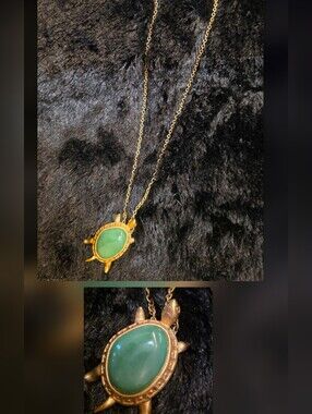 Gold Turtle Pendant Necklace with Green Stone